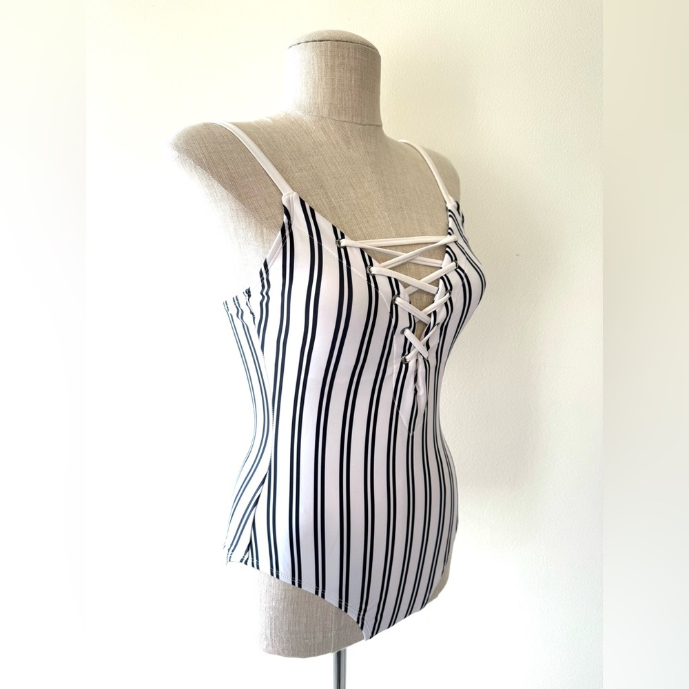 Nautica White with Navy Stripes Mio Laced Front One Piece Swimsuit - Picture 3 of 14